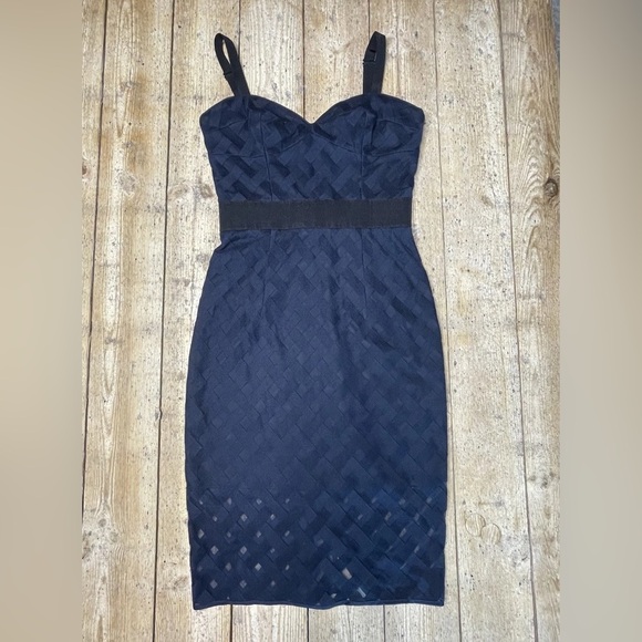Milly Navy Blue Lattice Bodycon Cocktail Dress Size 4 Exposed Zip - Picture 1 of 10